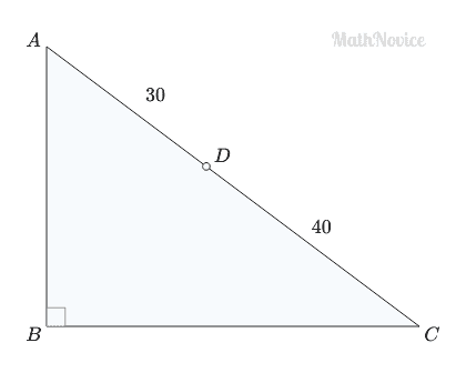 Right triangle ABC with point D on hypotenuse dividing it in 30 and 40 units
